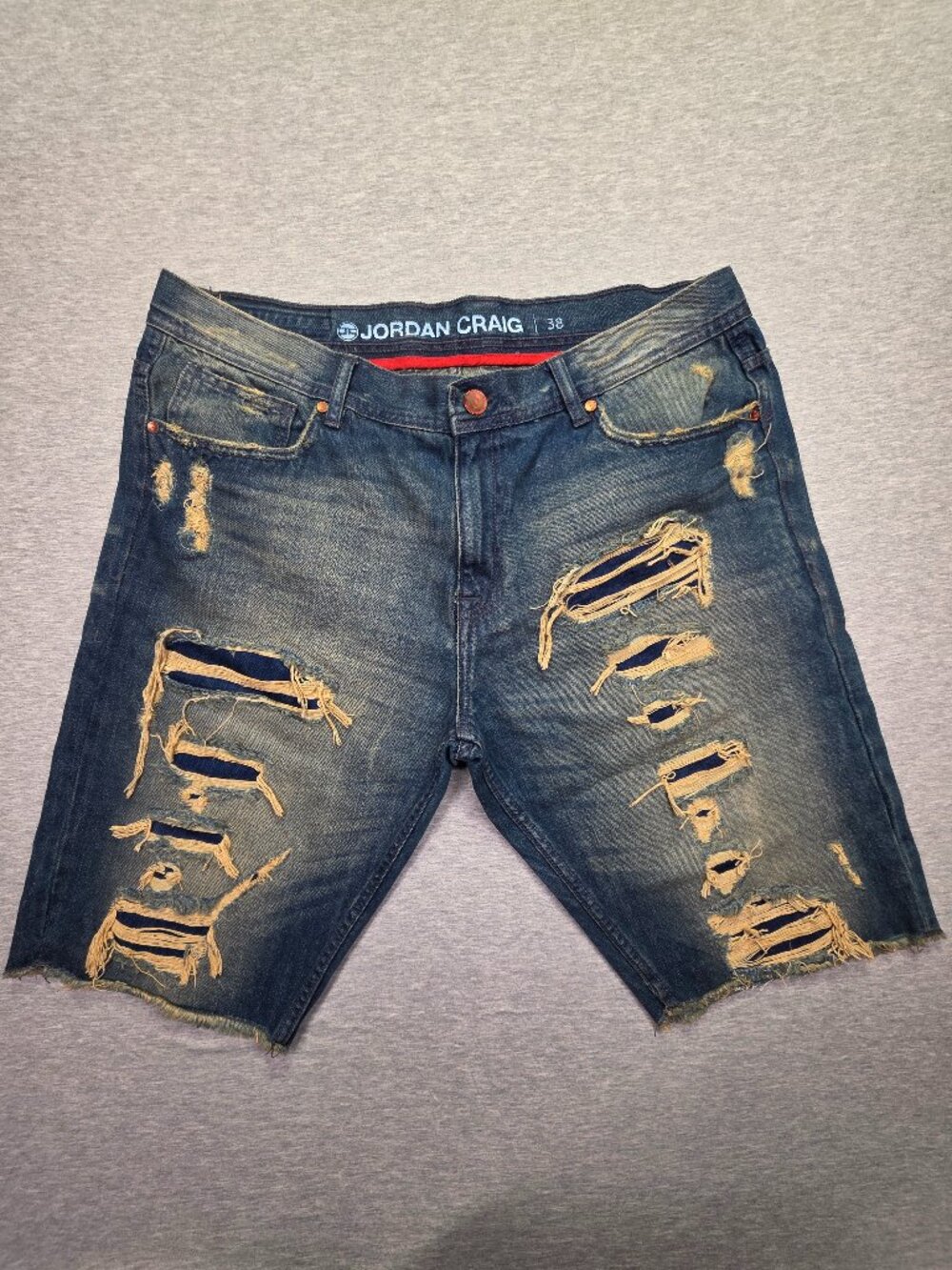 Jordan Craig Heavily Distressed Denim Shorts Size 38 Ripped Raw Hem Jean Shorts